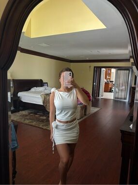 White Two-Piece Ruched Crop Top and Mini Skirt Set